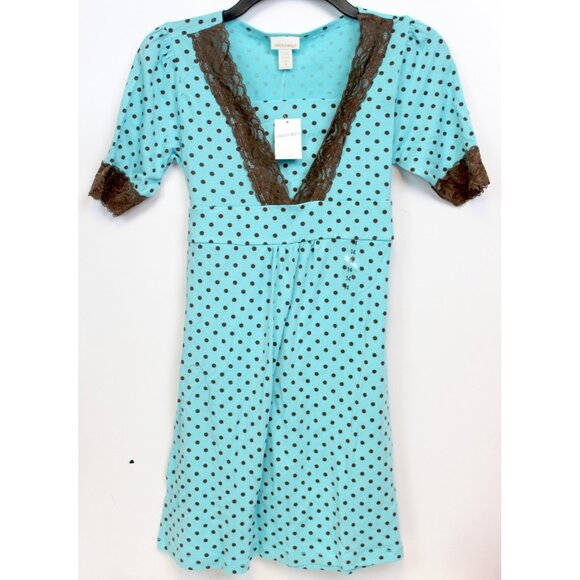 NEW Y2K Limited Too Polka Dot Dress sz 14 Girl Teal Brown Lace Lightweight Summe - Picture 1 of 9